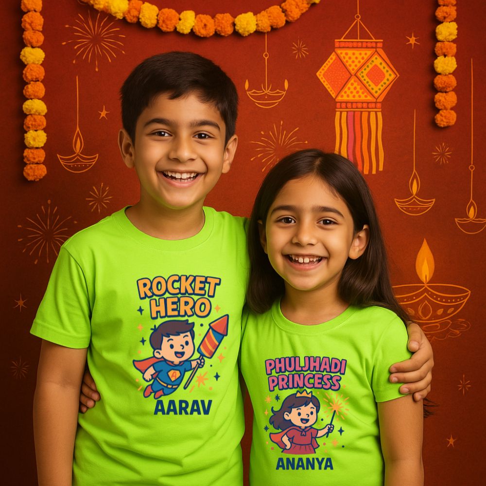 Personalized "Rocket Hero" & "Phuljhari Princess" Sibling Diwali T-Shirt Set