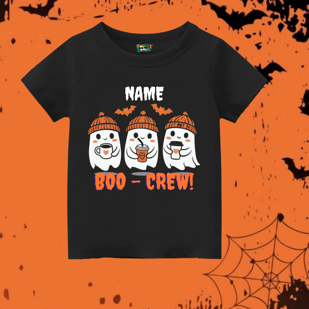 Customizable 'NAME Boo-Crew!' Coffee Ghosts Kids T-Shirt - Black