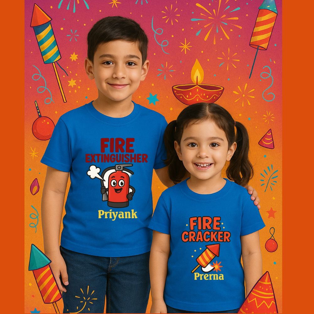 Personalized Diwali Matching Tees for Kids | Fun Fire Cracker & Fire Extinguisher Theme