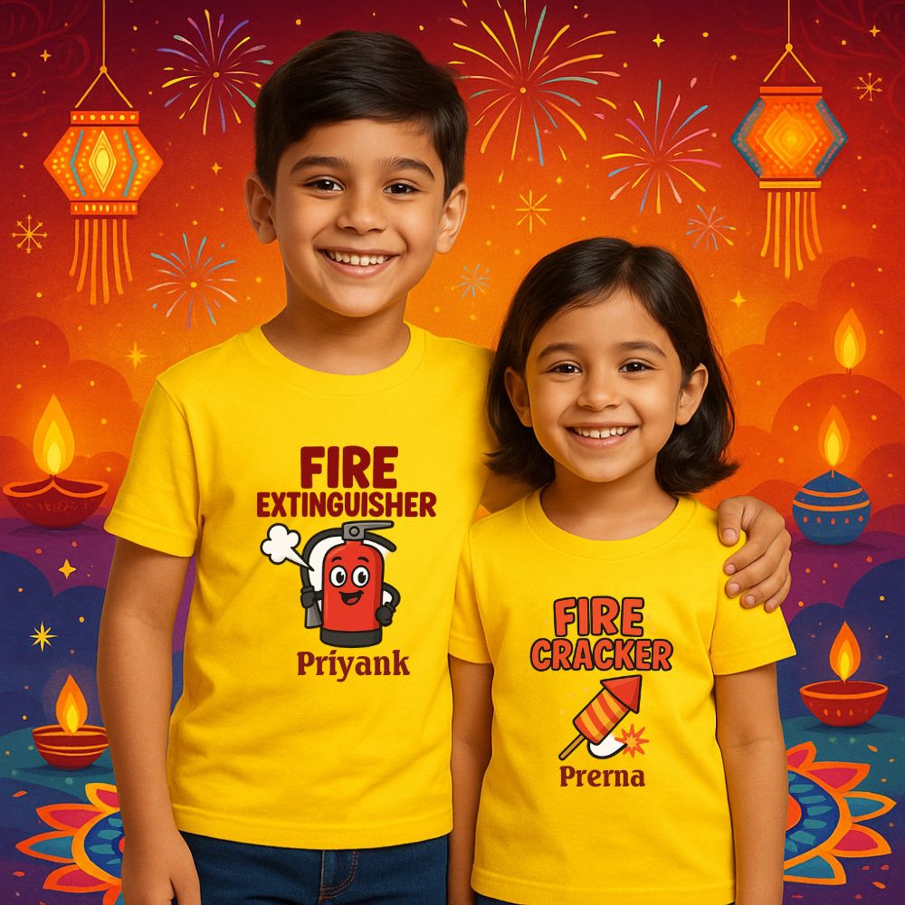 Personalized Diwali Matching Tees for Kids | Fun Fire Cracker & Fire Extinguisher Theme