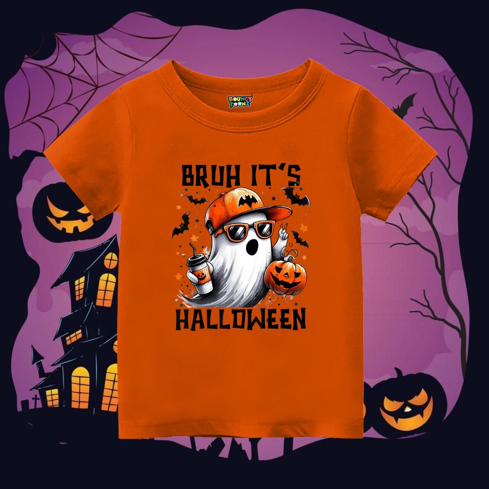 Bruh It’s Halloween T-Shirt | Cool Ghost Pumpkin Graphic Tee for Kids | Fun Spooky Season Outfit