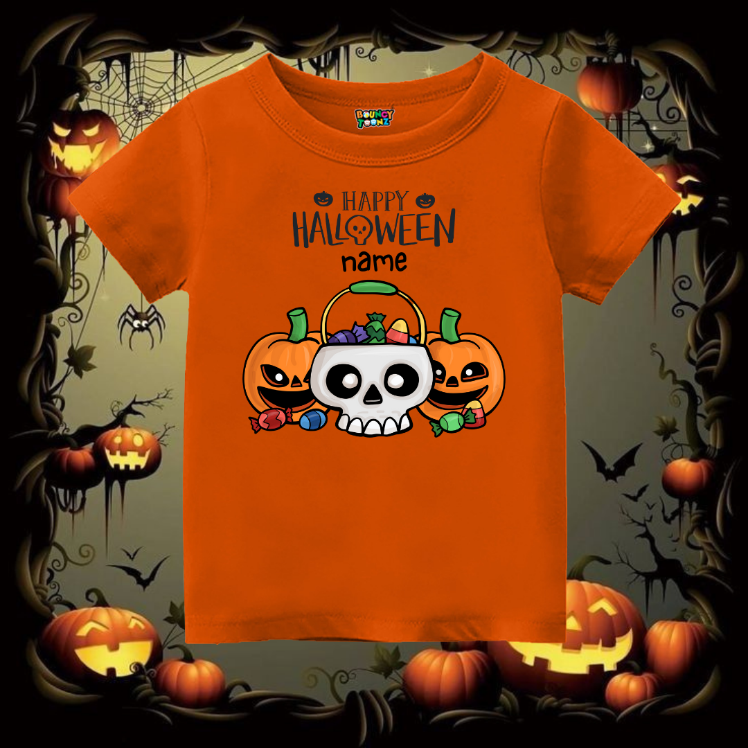 Personalized Halloween Kids’ T-Shirt | Pumpkin & Skull Candy Graphic Tee