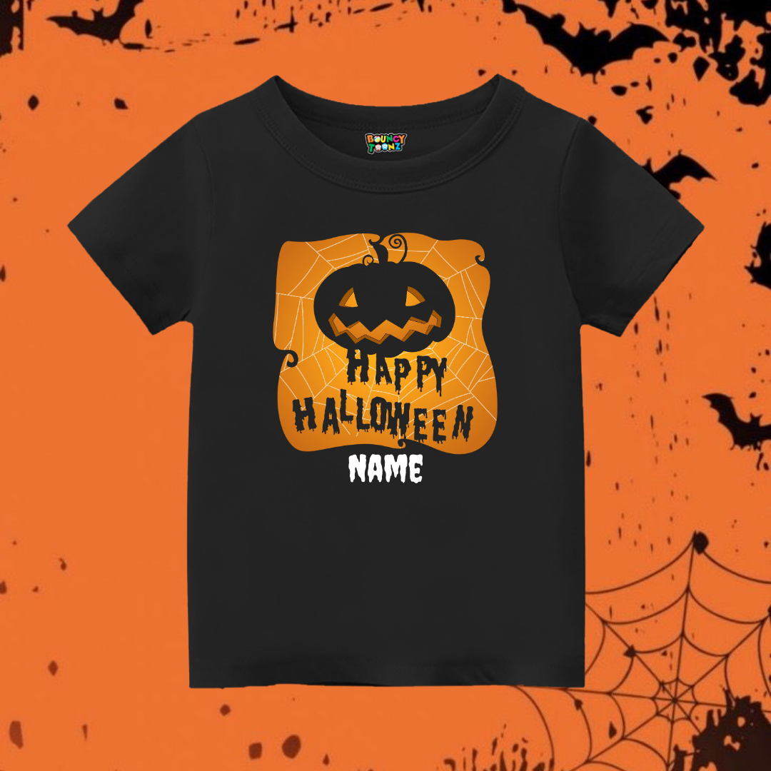 Custom 'NAME Happy Halloween' Jack-O'-Lantern Kids T-Shirt - Black
