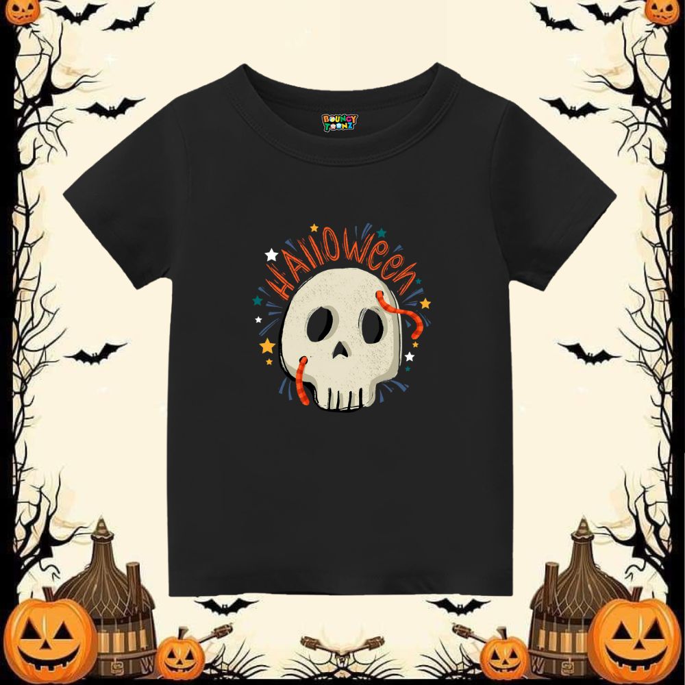 Spooky Stitched Skull 'Halloween' Kids T-Shirt - Black