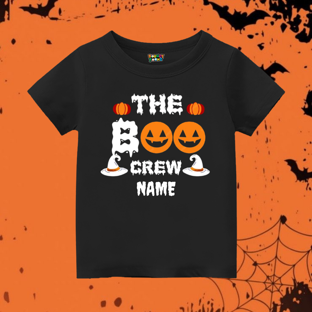 Customizable 'The Boo Crew' Pumpkin & Witch Hat Kids T-Shirt - Black
