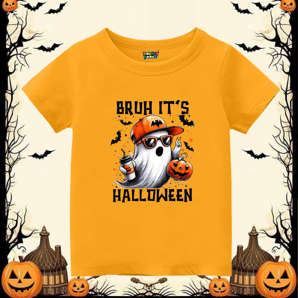 Bruh It’s Halloween T-Shirt | Cool Ghost Pumpkin Graphic Tee for Kids | Fun Spooky Season Outfit